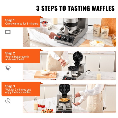VEVOR Commerical Round Waffle Maker 1300W Rotatable Non-Stick Waffle Iron 120V - Picture 6 of 12