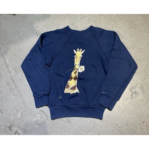 Vintage 1980s Hand Painted Giraffe And Daisies by Pat Blue Sweatshirt Size Small - Picture 2 of 4