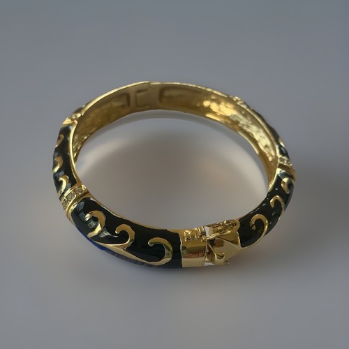 Black Enamel Gold Tone Rhinestone Bangle Bracelet Double Safety Clasp - Picture 2 of 13