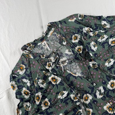Free People Women's XS Green Magic Mystery Floral Bell Sleeve Button Front Tunic