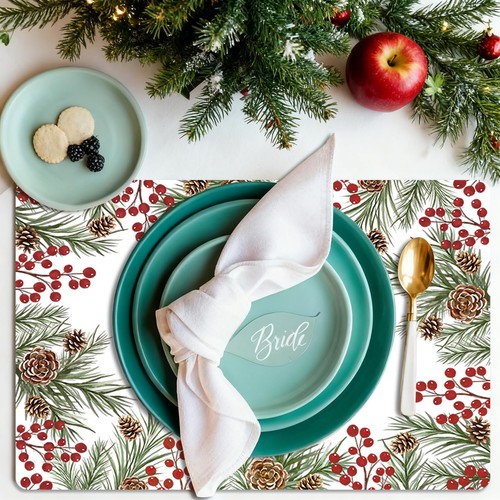 Christmas Watercolor Placemats Set of 6 Washable Vinyl Table Mats 11 x 15.7 I... - Picture 2 of 7
