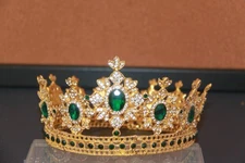 CROWN / TIARA GOLDTONE WITH FAUX EMERALDS & FAUX DIAMONDS; BEAUTIFUL DETAIL