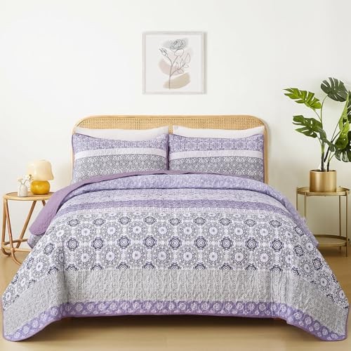 Boho Quilt Set Queen Size, lila Bohemian gestreift Queen (96"×90") Lavendel - Bild 3 von 7
