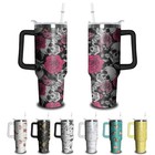 40oz Skull Tumbler with Handle and Straw, Skeleton Gothic Floral Stainless St...