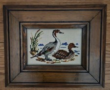 FREE Completed 9 x 11 Hand Made Wood Finished Framed Cross Stitch Pair Ducks New