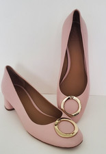 Tory Burch Caterina Pump Pink Sea Shell Nude Leather Gold Logo Circle Buckle sz9