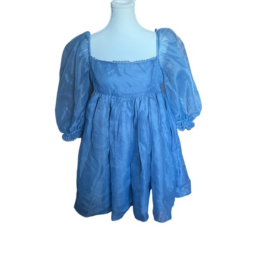 Akira Miss Honey Blue Babydoll Dress Women's L Puff Sleeve Empire Waist Chiffon - Picture 2 of 8