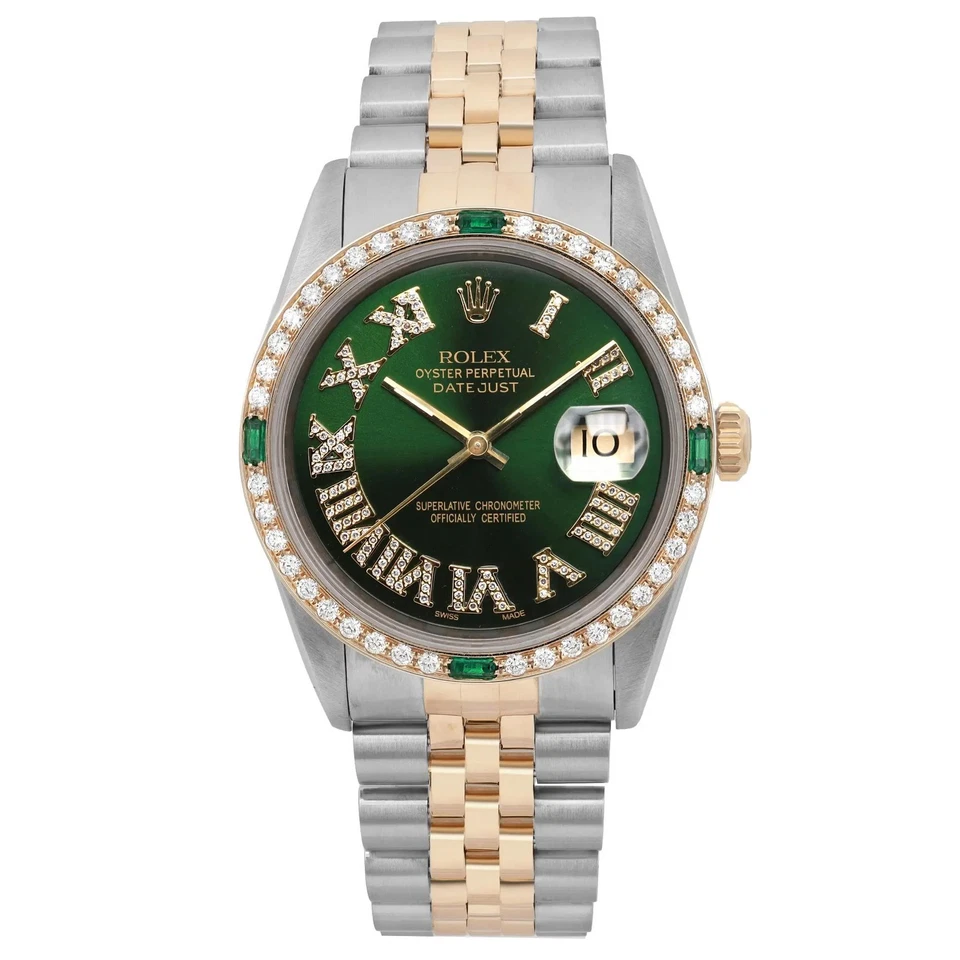 劳力士 Datejust 36 毫米黄金钢制定制 Gren 钻石表盘表圈手表 16233