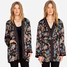 Johnny Was XL Leopard Print Silk Lined Kimono Duster Wrap Velvet Trim Pockets