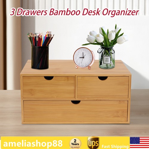 Bambus Schreibtisch Organizer-Tischplatte Mini Bambus Schreibtisch Schublade Aufbewahrungsbox mit 3 Schubladen - Bild 1 von 9