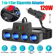 7in1 4 Way Car Cigarette Lighter Socket Splitter Fast Charger Power Adapter 12V