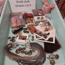 Small JUNK DRAWER LOT A: Smalls Jewelry Trinkets Ephemera Cassette Tapes Buttons