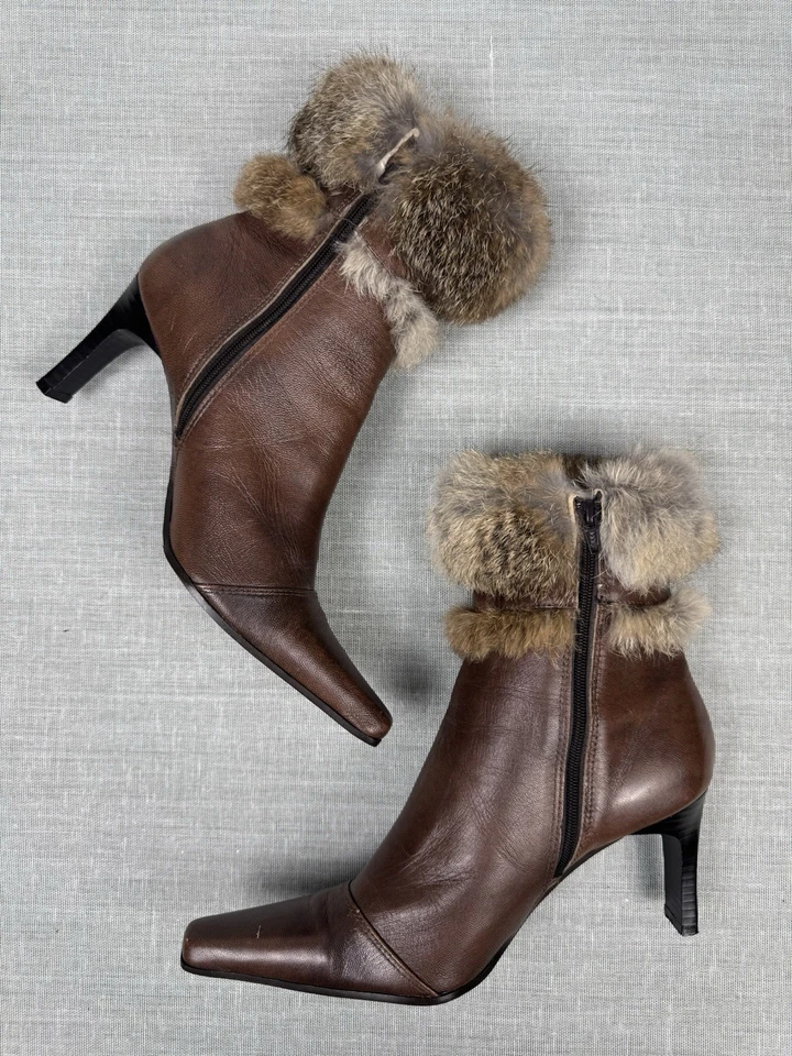Botines de cuero marrón con ribete de piel real vintage glam diseñador Y2K chic talla 7 Foto 4 de 4