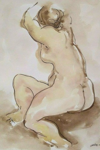 1974 LISTED INDIAN ARTIST SATISH JOSHI Sd ORIG WATERCOLOR NUDE "SEATED WOMAN" - Picture 1 of 9