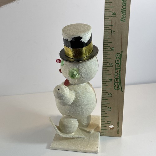 Snowman Frosty Skier Christmas Paper Mache Mica Top Hat Vintage Rare 1950s Rare - Bild 11 von 20