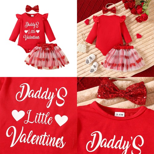 Valentinstag Baby Mädchen Outfit Langarm Strampler Herz Tüllrock süß Stirnband