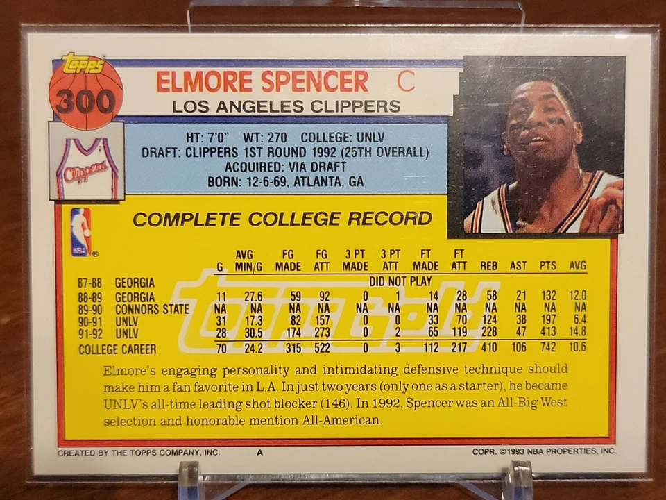 1992-93 Topps Gold Basketball #300 Elmore Spencer LA Clippers - Image 2 of 2