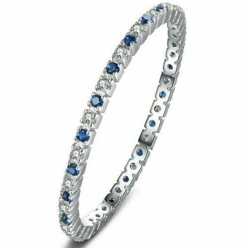 Round Blue Sapphire Diamond Eternity Engagement Band Ring 14k White Gold Finish - Picture 3 of 8