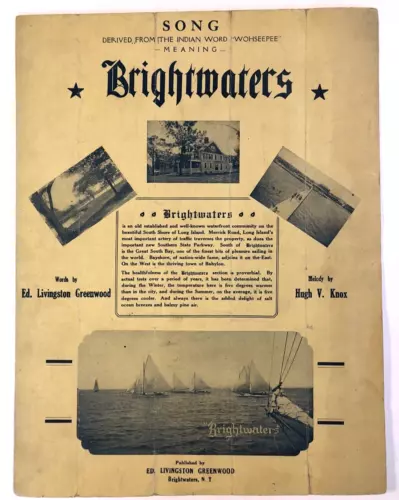 RARE SHEET MUSIC 1928 BRIGHTWATERS Islip Long Island, New York w Real Estate Ad.
