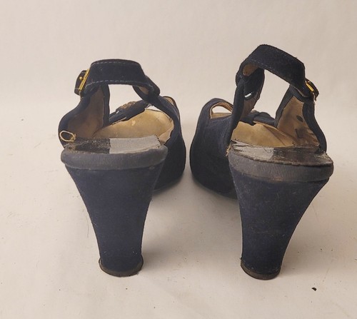 Vintage 1940s Peep Toe Heels Shoes Dark Navy Blue Suede Open Toe sz 6.5 Windsor - Picture 6 of 9