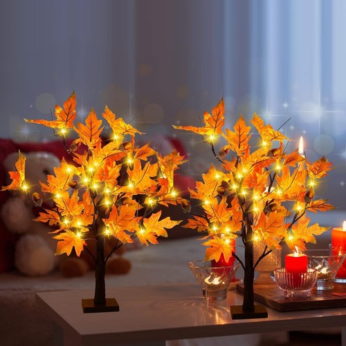 2 Pack 24-inch Fall Lighted Maple Tree with Acorns, 48 LED Lights, Thanksgiving - Picture 2 of 7