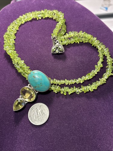Sterling Silver Two Strand Bead And Turquoise Peridot Pendant 17” - Picture 5 of 9