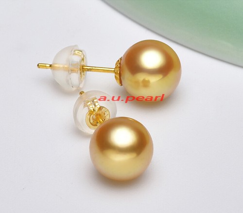 Top 11-12MM round real NATURAL SOUTH SEA deep golden PEARL stud EARRINGS 18K - Picture 2 of 6