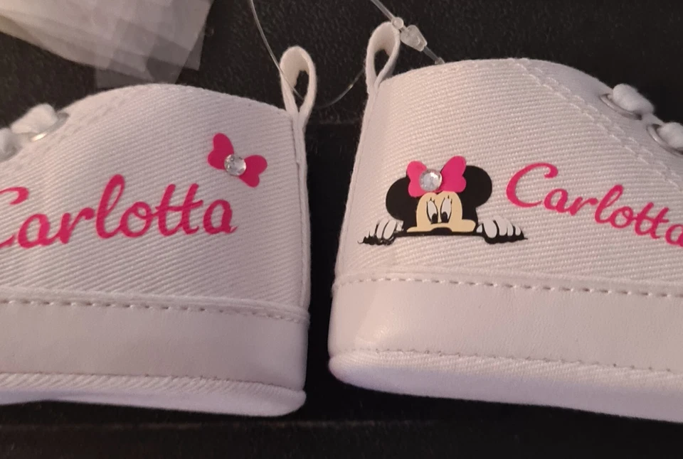 Scarpine bebè in tela, personalizzabili,stampa, nome, disegno, strass, benvenuta - Immagine 4 di 4