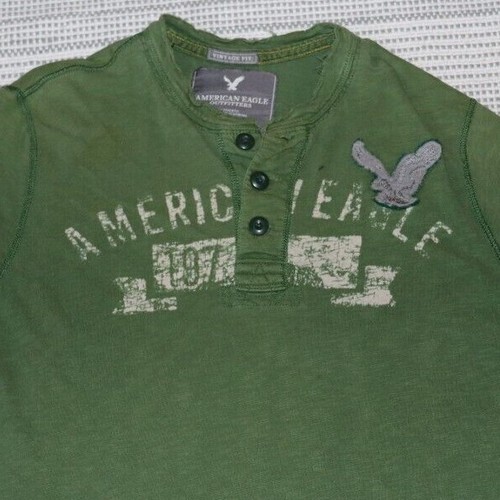 American Eagle Vintage Fit Polo Adult Sz L Distressed Look Graphic Green Mens - Picture 2 of 7