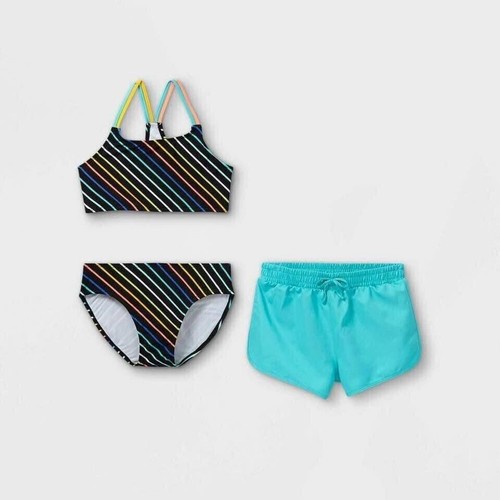 Art Class Girls' Striped Swimsuit 3 Piece Set Bikini And Shorts, Size XS (4/5) - Picture 8 of 8