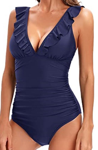 Holipick Womens Swimsuit Size Medium One Piece V Neck Ruffle Ruched Lace Up Back - Picture 4 of 11