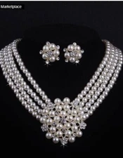 Faux Pearl and Rhinestone Multi Strand Choker Necklace Stud Post Earring Set