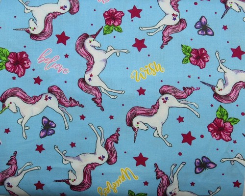 Unicorns W/Purple Manes Butterflies On Blue BTY Cotton Sew Quilt Craft Fabric - Picture 2 of 3