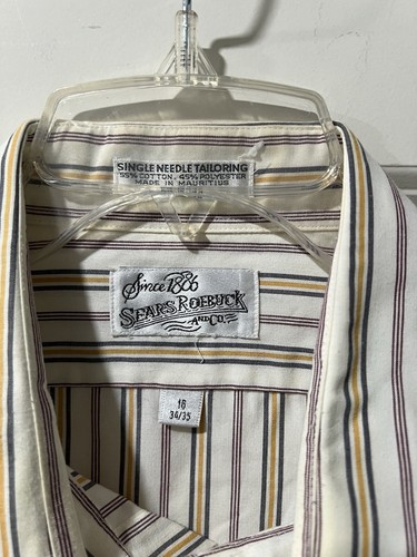 Vtg Sears Roebuck Co Shirt Mens 16 34/35 White Striped Button Down Dress Shirt - Picture 2 of 9