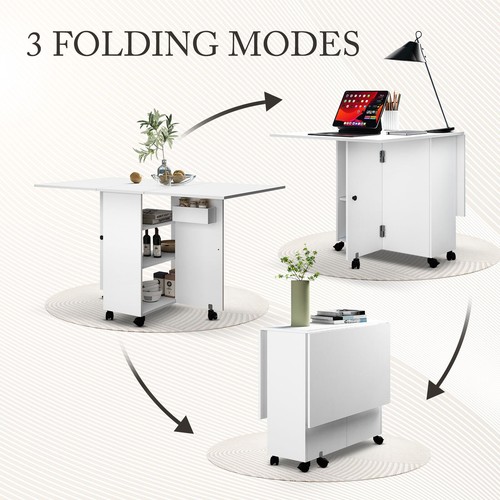 Folding Dining Table Dinner Desk Foldable Wooden with Shelves Wheels White - Picture 6 of 11