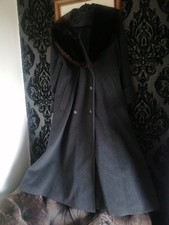 Beautiful Laura Ashley Vintage Dark Grey Wool Faux Fur Collar Coat Size 12