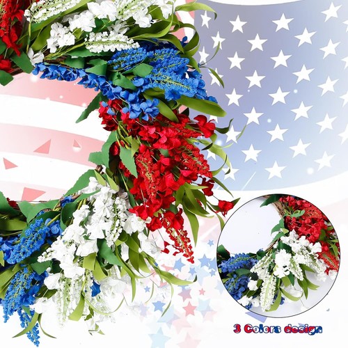 21Inch 4Th of July Patriotic Day Wreath with Artificial Floral Red Blue White... - Picture 7 of 7