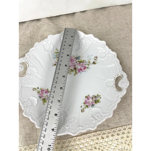 VTG Porcelain Pink Roses Floral Serving Plate With Handles Embossed Shabby Chic  - Picture 7 of 11