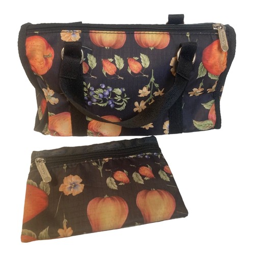 LeSportsac Small Black Handbag Fruit Flower Print Matching Pouch Made in USA