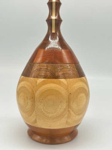 Hand Carved Marquetry Inlay Pear Shaped Vessel with Lid - Picture 4 of 10