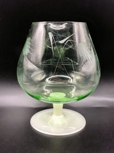 Vintage Green & White Opaline Glass Etched Wheat Design Footed Brandy Snifter - Picture 2 of 12