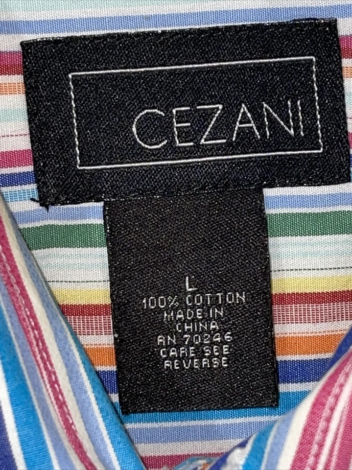 Cezani Mens L Shirt Multicolor Long Sleeve Button Up Striped Cotton Dress MS46 - Image 3 of 4
