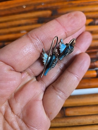 Beautiful vintage Chinese silver Blue enamel Hummingbird wire earrings - Picture 7 of 7