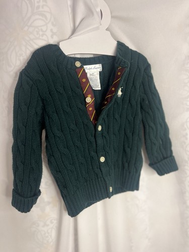 Vintage Ralph Lauren Baby Polo Wool Cable-Knit Button Up Classic Green Sweater - Picture 4 of 10