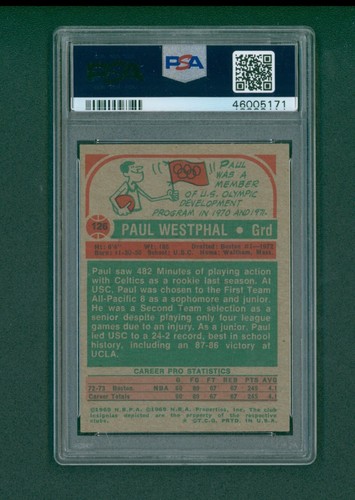 1973 Topps Basketball Card - #126 Paul Westphal RC, PSA 7 NM - Picture 2 of 2