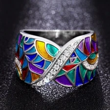 Fashion Women White Gold Plated CZ Multicolor Enamel Wide Band Ring