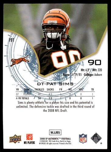 2008 SP Authentic Pat Sims Rookie 371/999 Cincinnati Bengals #191 R10 - Picture 2 of 2
