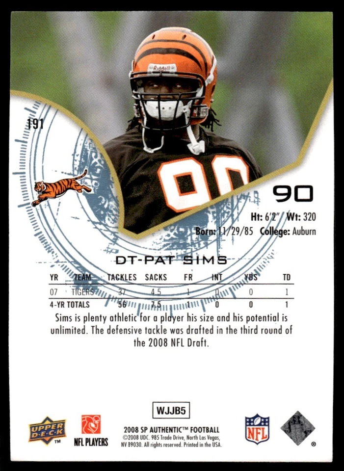 2008 SP Authentic Pat Sims Rookie 371/999 Cincinnati Bengals #191 R10 - Image 2 of 2