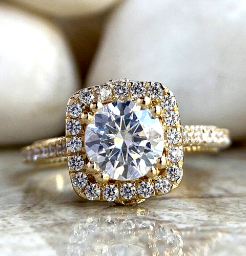 2 Ct Round Cut White Moissanite Ring,10K Solid Yellow Gold Halo Set Wedding Ring - Picture 2 of 7