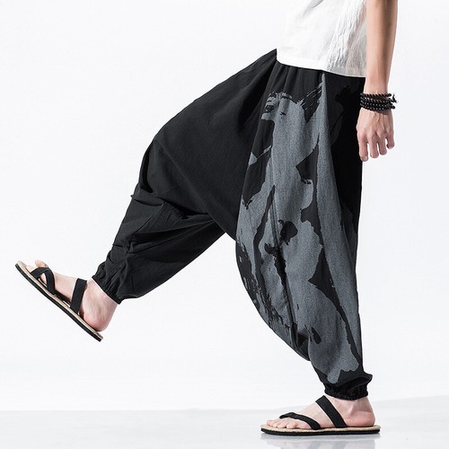 Men Print Loose Pants Cotton Linen Fashion Chinese Style Wide Legs Trousers Chic - Picture 4 of 14